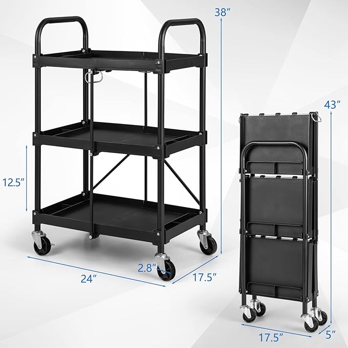 Goplus Folding Utility Cart on Wheels, 250lbs 3-Tier Rolling Tool Cart w/Lockable Casters & Compartments, Fast Fold up Collapsible Metal Service Cart for Office, Garage, Kitchen, Black