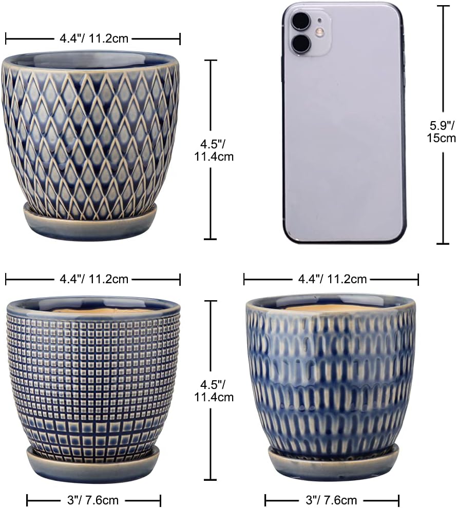 Oairse 4 inches Ceramic Planter Pots 3 Set of Small Round Flower Pots with Drainage Hole and Ceramic Tray for Succulents Cactus Indoor Outdoor Garden Home Windowsill