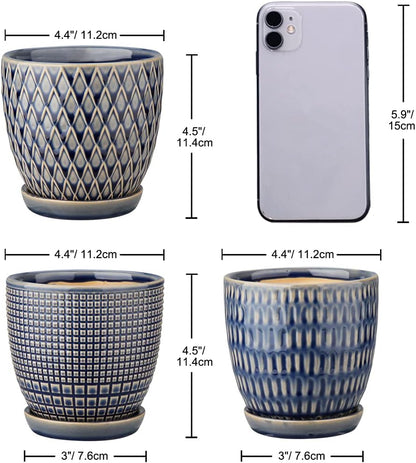 Oairse 4 inches Ceramic Planter Pots 3 Set of Small Round Flower Pots with Drainage Hole and Ceramic Tray for Succulents Cactus Indoor Outdoor Garden Home Windowsill