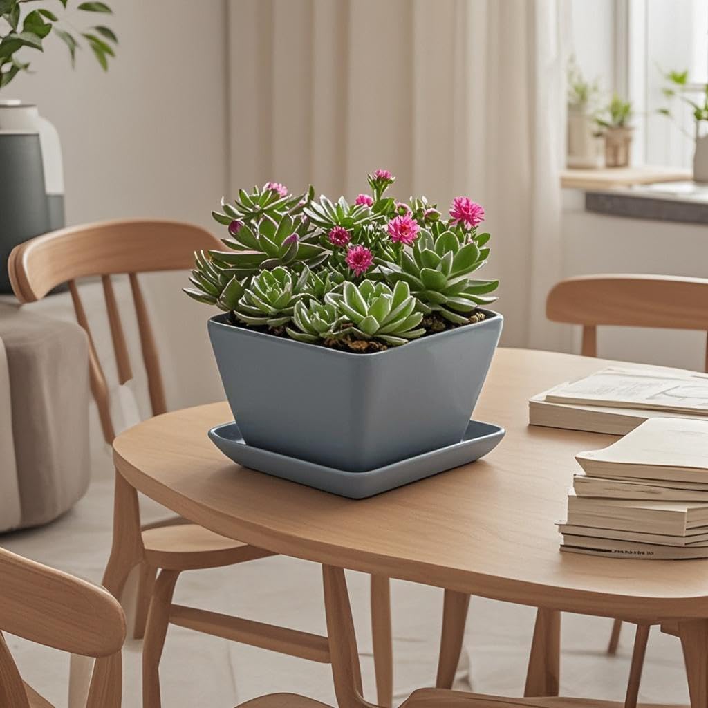 Square Plant Saucer 4 Inch 2 Pack，Plant Trays for Pots, Gray Ceramic Plant Saucers for Indoors Outdoors, Plant Drip Tray 4 6 8 10 12 14 Inch