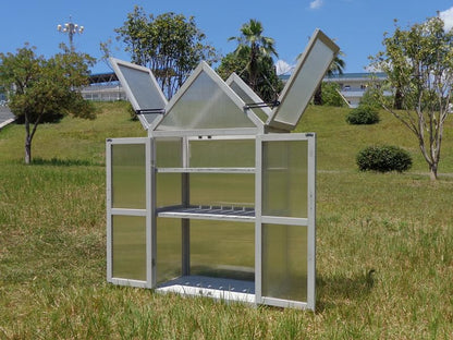 Cold Frame Greenhouse, Small Wood Greenhouses, Mini Polycarbonate Green House with Adjustable Roof, 2 Adjustable and Removable Shelves for Outdoors, Indoors Plant, Flower, Vegetable