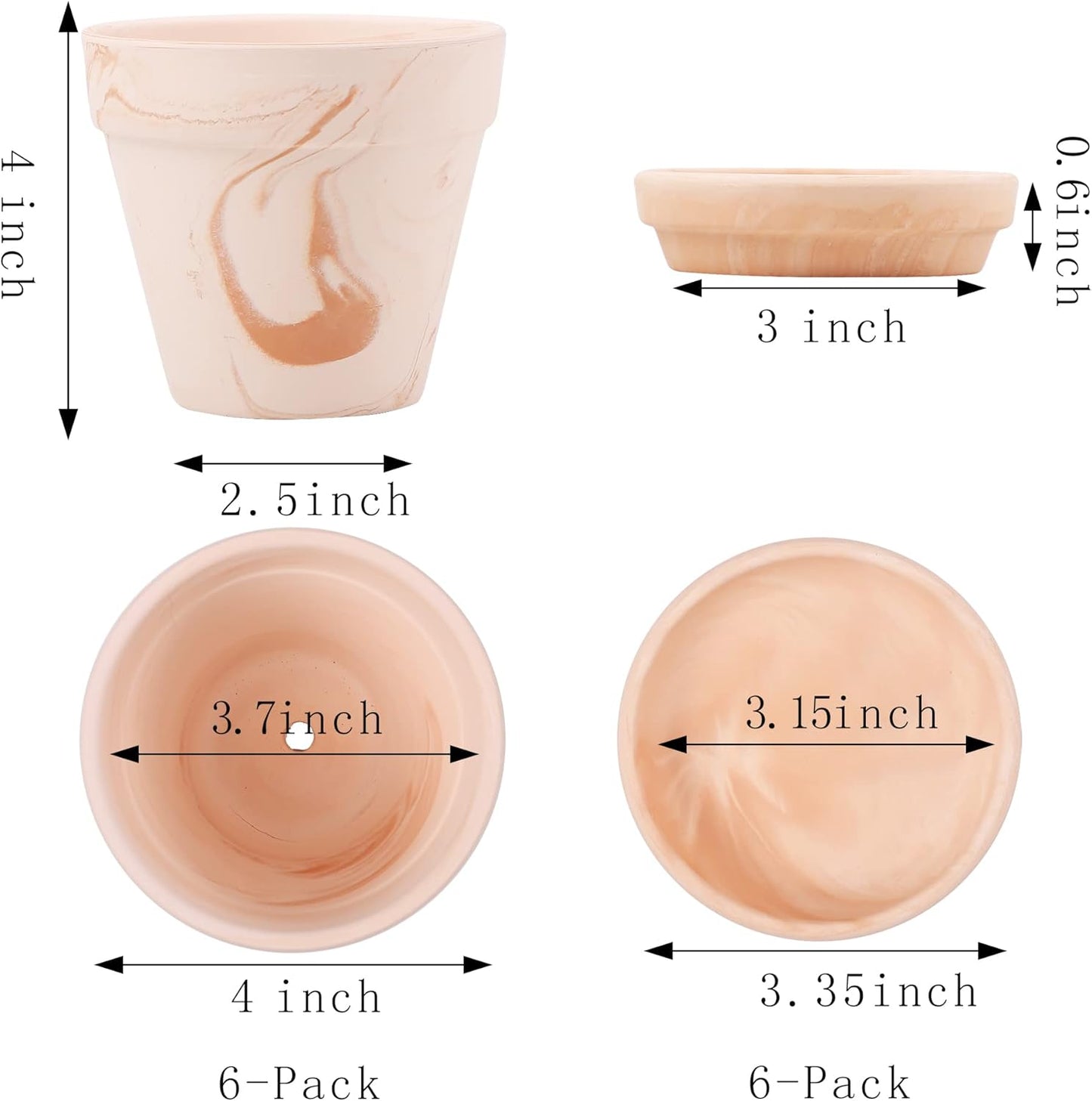 Terra Cotta Pots with Saucer - 6-Pack Small Terracotta 4'' Clay Ceramic Planter Great for Cacti & Succulents with Drainage Hole