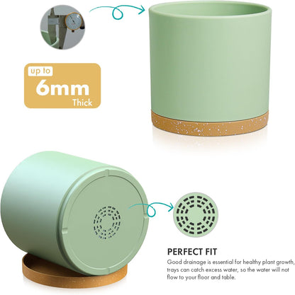 8 Inch Medium Flower Pots for Indoor Outdoor Plants, Cylinder Deep Plant Pots with Drainage Holes & Saucer, Decorative Plastic Planter Pots for Garden House Plants, Green with Brown