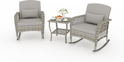 DECMICO 3-Piece Rattan Rocking Chair Set, PE Patio Bistro Furniture with Cushions & Coffee Table for Garden Backyard Porch, Light Grey