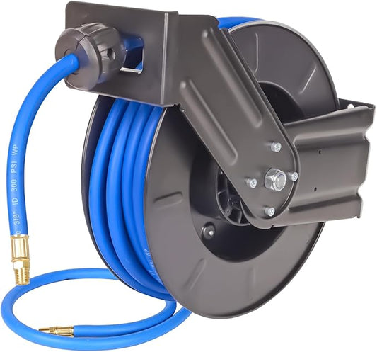 Heavy Duty Retractable Air Hose Reel, 3/8 IN x 50 FT Hybrid Air Hose, Max 300PSI Air Compressor Hose Reel with Auto Rewind, Ceiling/Wall Mount Single Arm Premium Steel Reel for Garage Workshop
