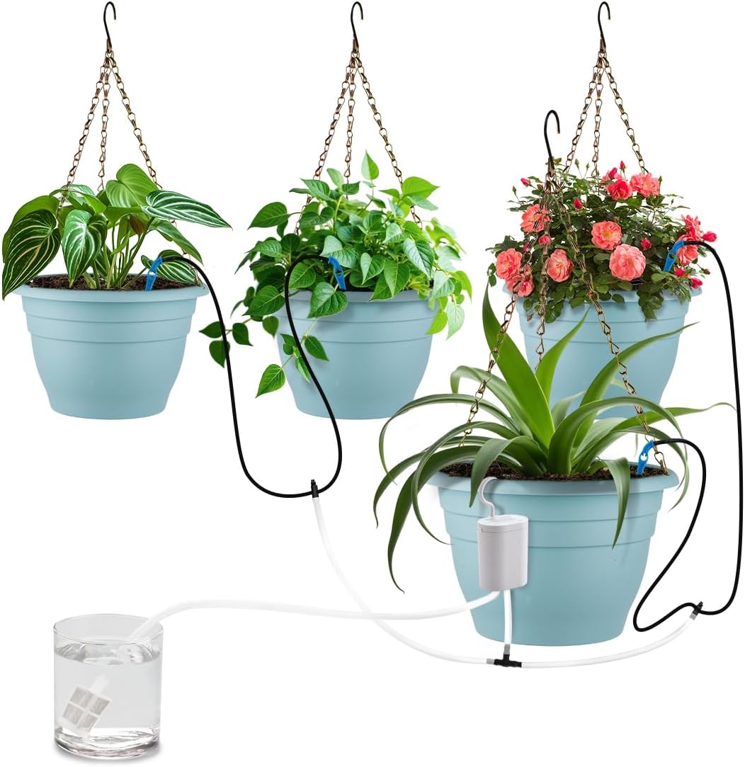 Hanging Planters 10 Inch, 4 Pcs Flower Pots Automatic Watering System Set, Self Watering Hanging Basket with Drainage Hole for Indoor Outdoor Plants, Decor, Blue
