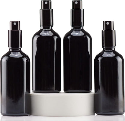 YIZHAO Black Glass Spray Bottles 4oz, with Small Fine Mist Spray, Metal Cap, Refillable for Essential Oil,Travel,Cleaning,Perfume,Aromatherapy,Makeup – 4 Pcs