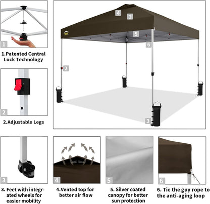 CROWN SHADES 10x10 Pop Up Canopy - Beach Tent with One Push Setup - Outdoor Sun Shade for Events, Parties, Camping - Gazebo with STO-N-Go Cover Bag, Silver Coated Top, 3 Height& 4 Sand Bags, Coffee