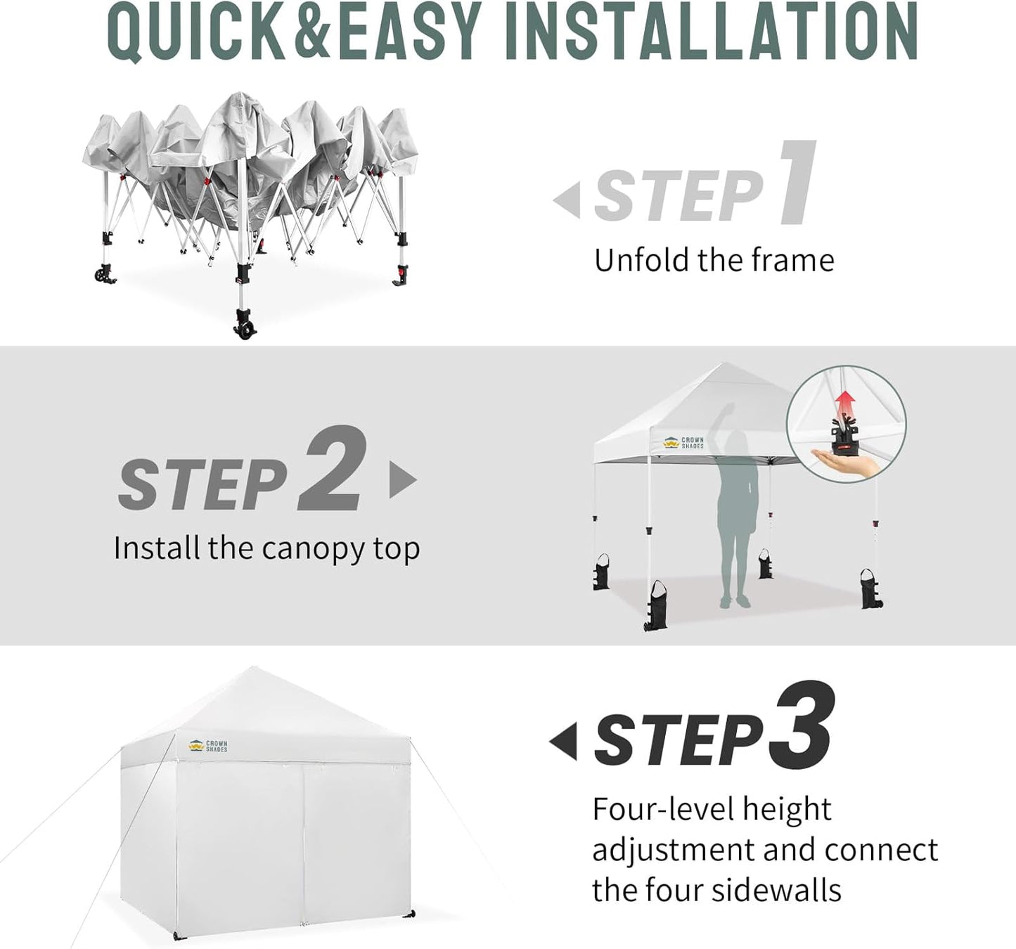 CROWN SHADES 10x10 Pop Up Canopy Tent Instant Commercial 1-Person Setup Patended Centerlock with 400D Fabric, 4 Sidewalls, 4" Wheels, 4 Upgraded Weights, Sto'N Go Bag, White