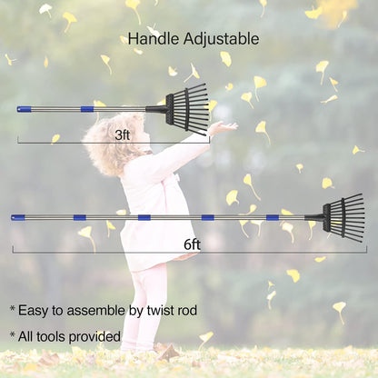 Small Graden Rake - 8 inch Width Metal Leaf Rake for Gardening, Yard, Flower Beds, Mulch, Shrub Long Handle, 6ft