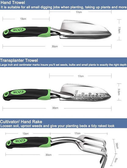 ESOW Garden Tool Set, 3 Piece Cast-Aluminum Heavy Duty Gardening Kit Includes Hand Trowel, Transplant Trowel and Cultivator Hand Rake with Soft Rubberized Non-Slip Ergonomic Handle, Garden Gifts