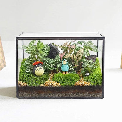 Rectangle Small Plants Terrarium with Lid, Black Geometric Clear Planter Pot, Little Glass Container Box for Tabletop Decor,6.7 x 3.9 x 4.7 inches