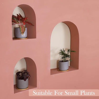 5.25 Inch Ceramic Plant Pots with Drainage Holes and Trays, Vertical Stripes Planter Pot with Saucers for Indoor Flowers, Succulent, Snake Plants, Cactus & Herbs, Grey-Green, Set of 4