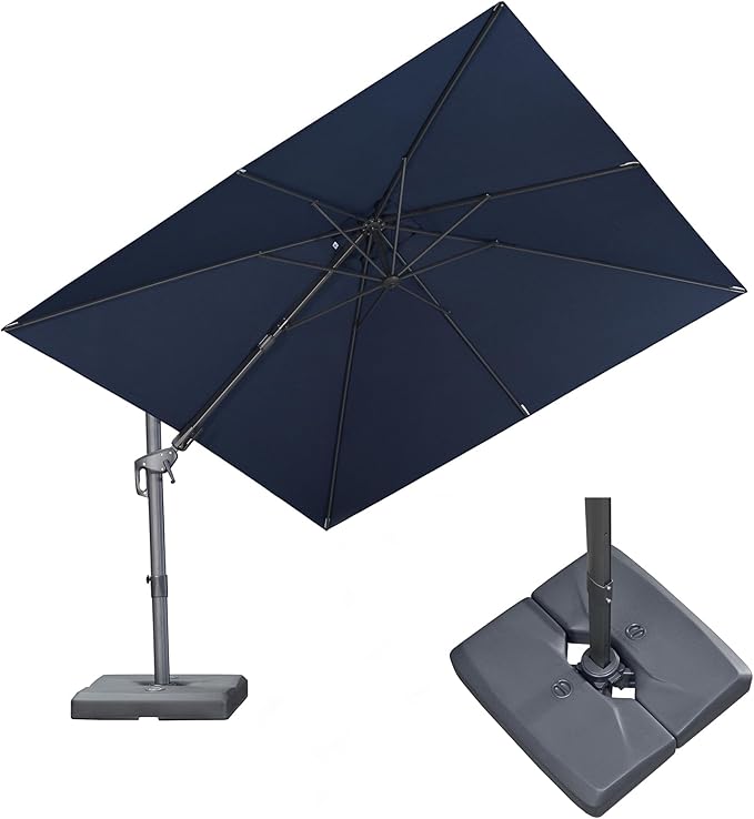 PURPLE LEAF 10' X 10' Swivel Outdoor Patio Aluminum Umbrella with Base Left-right Tilting Cantilever Offset Umbrella with UV Resistant Heavy Duty Fabric for Deck Pool Patio Backyard, Ocean Slate