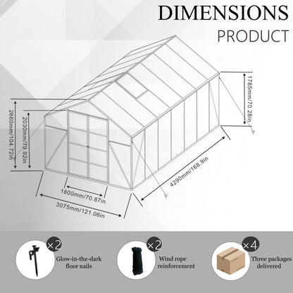 10*14*8.7FT Greenhouse for Outdoors,Polycarbonate Greenhouse with Stronger Wind Protection and Roof Vent,Walk-in Large Aluminum Sunroom Winter Proof,Black