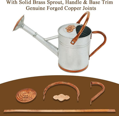 1 Gallon Galvalume Metal Watering Can with Solid Brass Sprout, Handle & Base Trim - Genuine Forged Copper Joints for Indoor/Outdoor Plants, Garden, Balcony for Kids and Adults (Stardust & Vermilion)