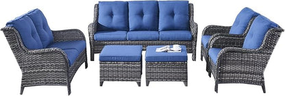Rilyson Wicker Patio Furniture Set - 6 Piece Rattan Outdoor Sectional Conversation Sets with 1 Sofa,1 Loveseat,2 Armrest Chairs and 2 Ottomans for Porch Deck Garden(Mixed Grey/Blue)