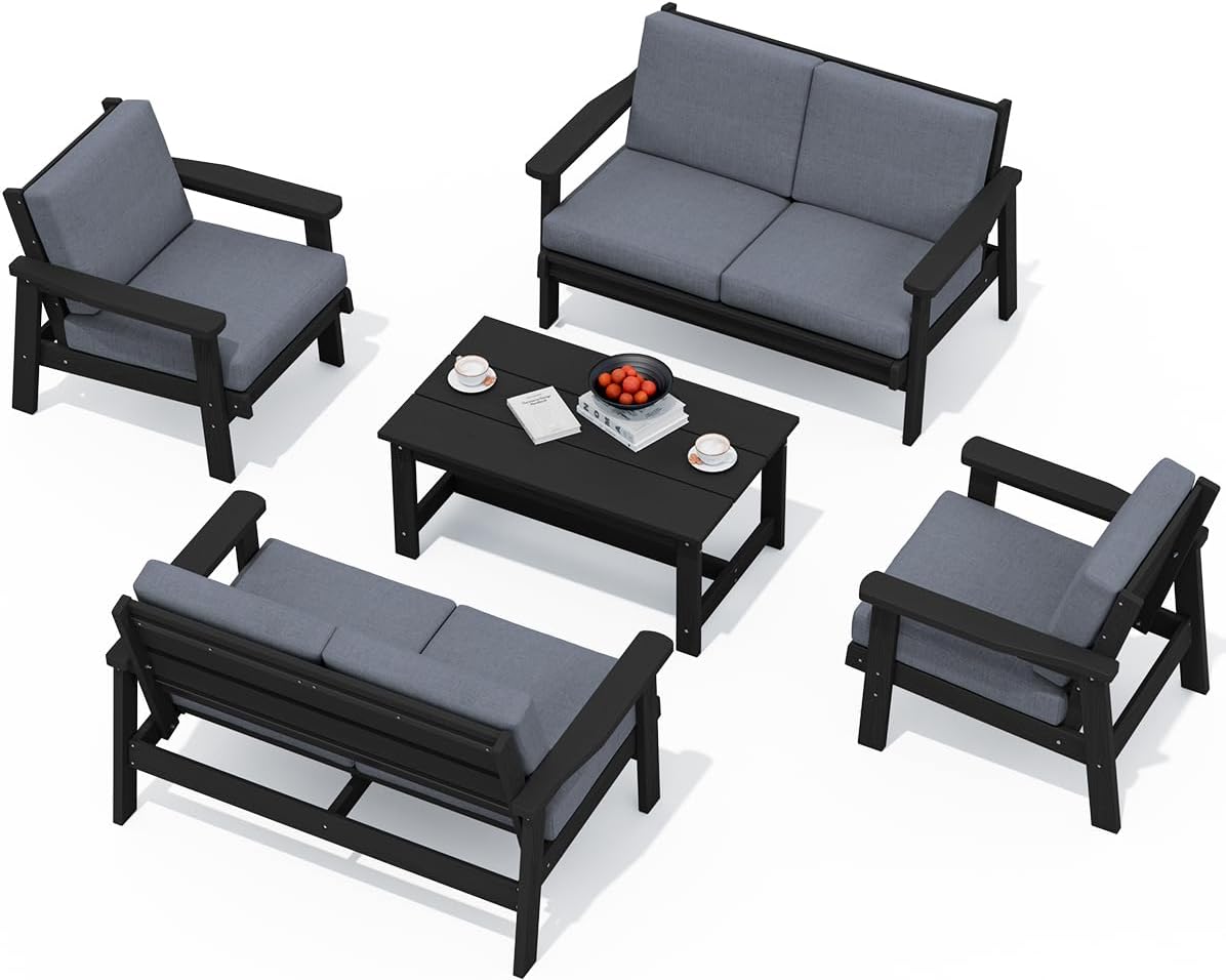 SERWALL HDPE Patio Furniture Set, 5 Piece All Weather Wood-Like Sectional Outdoor Furniture Set, Black Patio Sofa Couch with Grey Cushions for Deck, Lawn