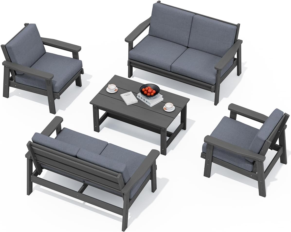 SERWALL HDPE Patio Furniture Set, 5 Piece All Weather Wood-Like Sectional Outdoor Furniture Set, Grey Patio Sofa Couch with Grey Cushions for Deck, Lawn