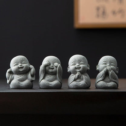 Laughing Buddha Statue Decor - 4Pcs Small Zen Monk Sandstone Buddha Sculpture for Wealth Good Luck Feng Shui Decor, Cute Zen Decoration for Home Office Desk Indoor and Outdoor(Gray)