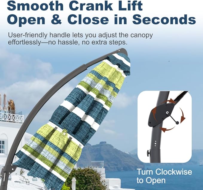 Acrylic Fabric 11FT Cantilever Umbrella with Base Large Curvy Outdoor Aluminum Offset Umbrella w/ 360° Rotation, UV Resistant Canopy for Patio, Garden, Backyard, Green Stripes