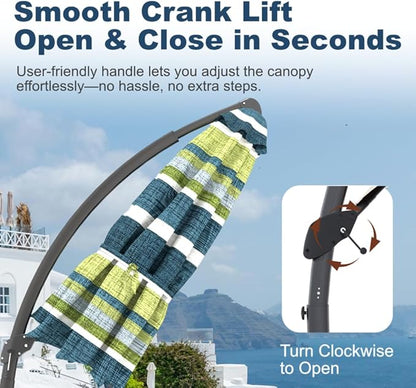 Acrylic Fabric 11FT Cantilever Umbrella with Base Large Curvy Outdoor Aluminum Offset Umbrella w/ 360° Rotation, UV Resistant Canopy for Patio, Garden, Backyard, Green Stripes