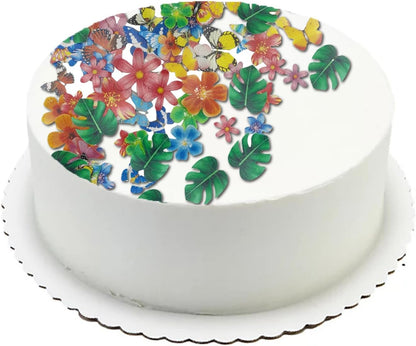 90pcs Edible Butterfly, Flowers and Turtle Back Leaves Cake Topper Cupcake Toppers Wedding Themed Party Birthday Cake Decoration Mixed Size & Colour(Tasteless)