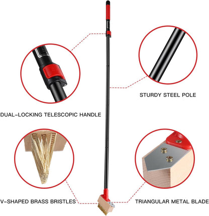 Moss Remove Brush with Long Handle(53IN), Deck Crevice Cleaning Tool, Weed Remover with Wire Brush & Metal Blade, Crack Moss Remover for Pavement Driveway Patio Sidewalk Paver(3 Brush Heads)