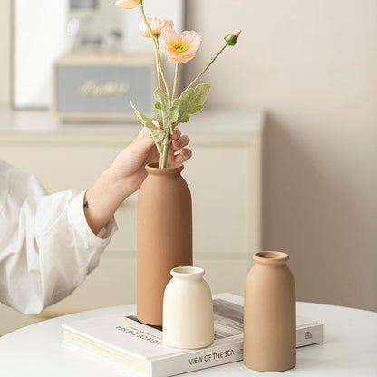 Ceramic Vase Set-3, Small Flower Vases for Decor, Modern Boho Farmhouse Style, Decorative Vases for Pampas Grass & Dried Flowers, Distressed Finish (Earth Tone)