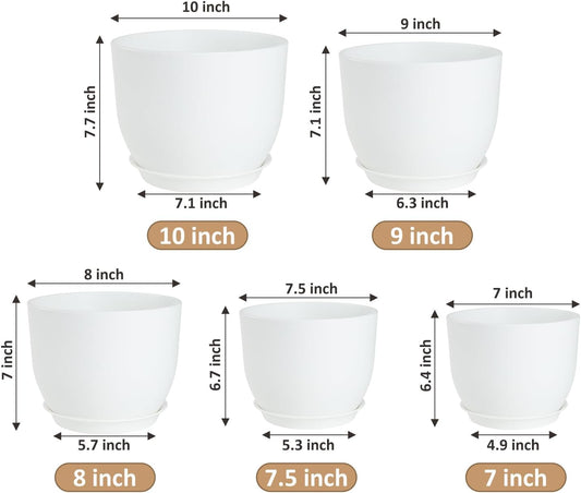 Plant Pots 10/9/8/7.5/7 inch Flower Pots with Multi Mesh Drainage Holes, Planters for Indoor Outdoor Garden Plants and Flowers. (White)