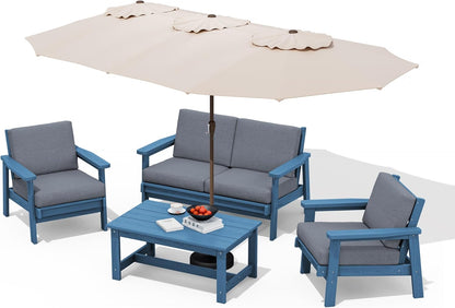 SERWALL HDPE Patio Furniture Set with 15FT Double Side Patio Umbrella, All Weather Wood-Like Outdoor Sofa Sectional Couch, Blue Patio Furniture with Grey Cushions
