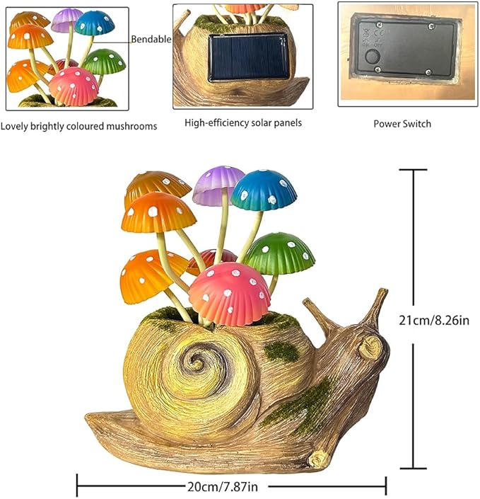 Solar Garden Snail Statue Gift, 1 Pack Solar Outside Snail Sculpture, Outdoor Patio Landscape Mushroom Decorative Art, Porch Deck Balcony Front Garden Decoration, Unique House Warming Gift