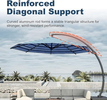 Acrylic Fabric 11FT Cantilever Umbrella with Base Large Curvy Outdoor Aluminum Offset Umbrella w/ 360° Rotation, UV Resistant Canopy for Patio, Garden, Backyard, Blue Stripes
