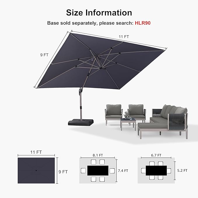 PURPLE LEAF 9' X 11.5' Patio Umbrella, Rectangle Outdoor Cantilever Umbrella, Aluminum Offset Umbrella with Champagne Frame and 360° Rotation for Pool Deck Garden, Light Grey