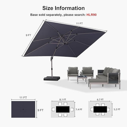 PURPLE LEAF 9' X 11.5' Patio Umbrella, Rectangle Outdoor Cantilever Umbrella, Aluminum Offset Umbrella with Champagne Frame and 360° Rotation for Pool Deck Garden, Light Grey