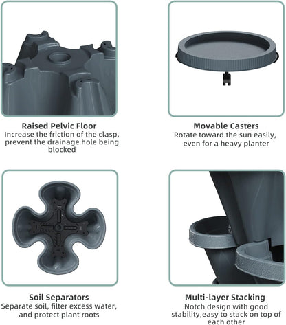 Strawberry Vertical Planters Tower Garden, 6 Tiered Stacking Planter with Support Pole, Stackable Herb Vegetable Planters Indoor and Outdoor - Dark Grey