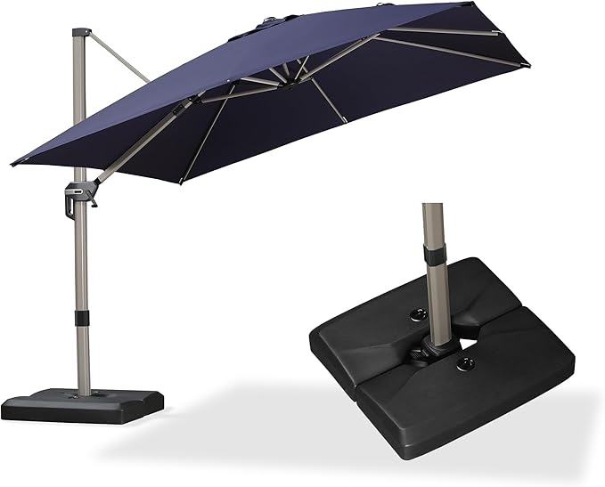 PURPLE LEAF 10FT Patio Umbrella with Base Cantilever Umbrella Square Outdoor Offset Umbrella with Champagne Frame and 360° Rotation for Garden Deck Pool, Navy Blue