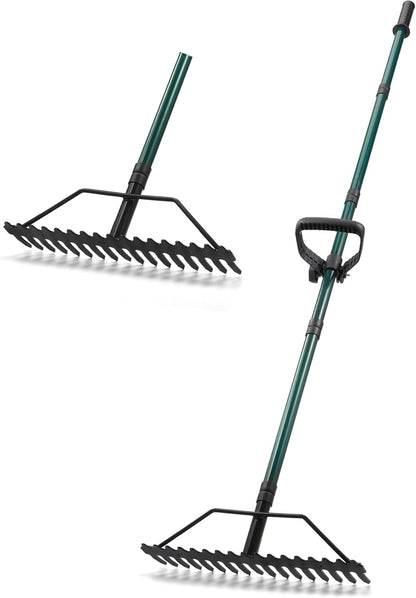 Garden Rake, 17'' Thatch Rake Heavy Duty with 63'' Long Back-Saving Adjustable Handle, Heavy Duty Metal Garden Tool for Loosening Leveling Soil, Gathering Leaves Grass, Weeding