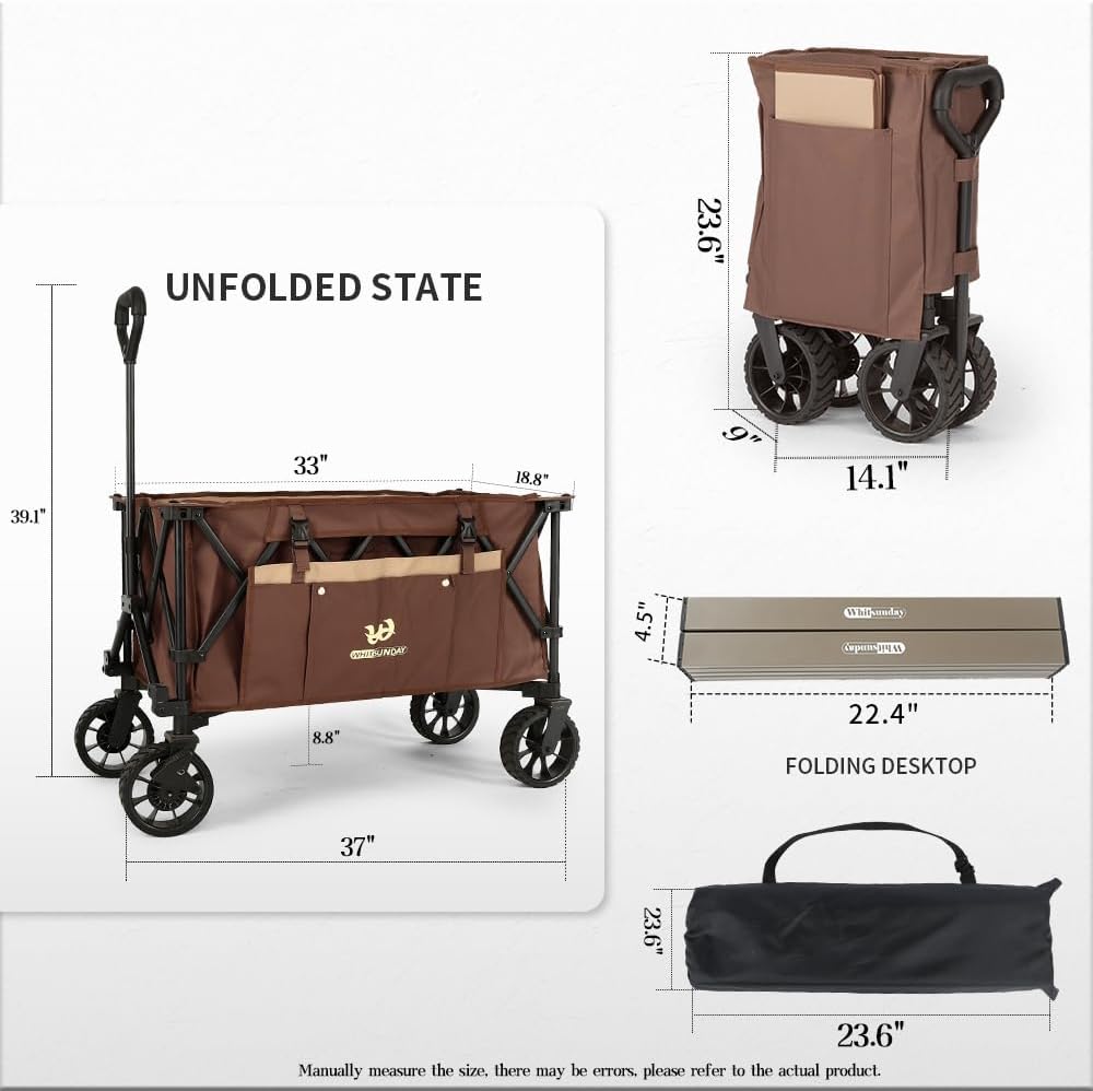 Whitsunday Folding Collapsible Utility Wagon, Heavy Duty Outdoor Park Beach Wagon with Table and Side Pocket for Camping Sports Shopping Brown