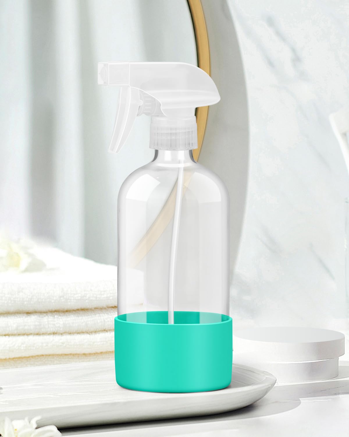 Glass Spray Bottles with Silicone Sleeve Protection, Empty 16OZ Reusable Spray Bottles, Refillable Containers with Spray Nozzles for Cleaning Solutions, Plants and Essential Oils 1 Pack Green