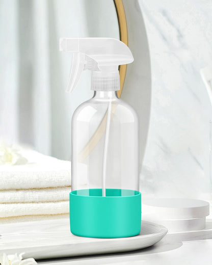 Glass Spray Bottles with Silicone Sleeve Protection, Empty 16OZ Reusable Spray Bottles, Refillable Containers with Spray Nozzles for Cleaning Solutions, Plants and Essential Oils 1 Pack Green