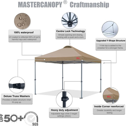MASTERCANOPY Durable Pop-up Canopy Tent with Roller Bag (12x12, Khaki)