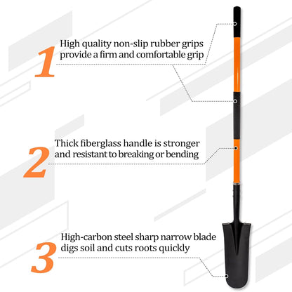 Heavy Duty Shovel with Fiberglass Handle for Digging and Gardening, Metal, 58 Inches