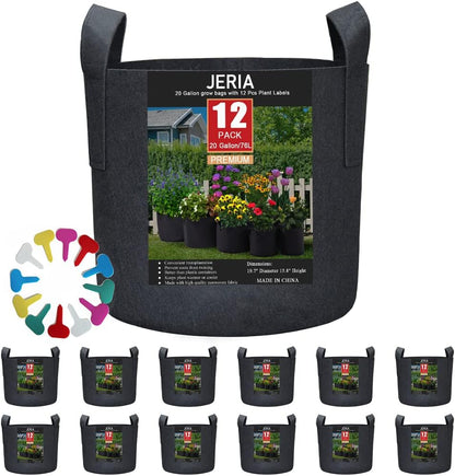 JERIA 12-Pack 20 Gallon, Vegetable/Flower/Plant Grow Bags, Aeration Fabric Pots with Handles (Black), Come with 12 Pcs Plant Labels