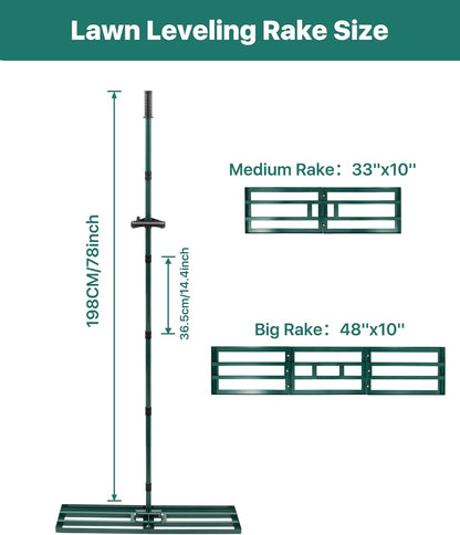 Lawn Leveling Rake 33x10'', Yard Leveling Rake with 78'' Back-Saving Adjustable Handle, Stainless Steel Lawn Leveler Tool for Garden, Backyard, Farm, Golf Course