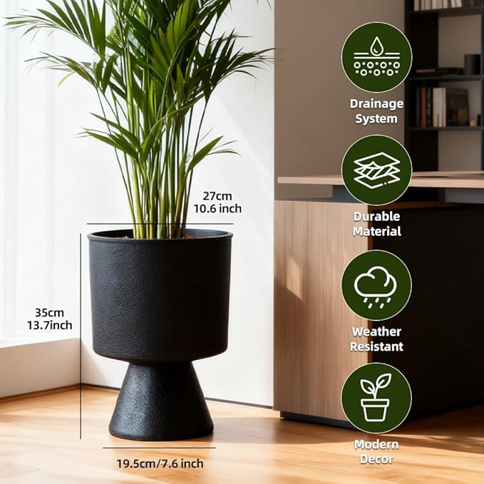 Lookat Modern Hourglass Planter, Indoor Decorative Plastic Plant Container, Textured Metal Look, Contemporary Home Garden Pot (Black, CUP003 Small+Medium)