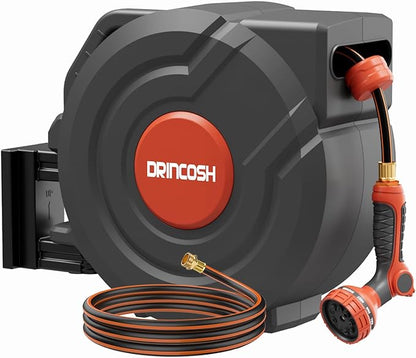 Retractable Garden Hose Reel 30m x 1/2" Any Length Lock 9 Pattern Nozzle 180° Swivel Wall Mounted Self Winding UV Resistant Heavy Duty Garden Outside Watering