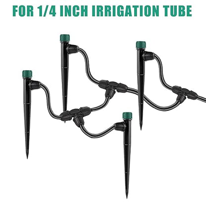 Drip Irrigation Emitters for 1/4" Drip Tubing,Adjustable 360 Degree Automatic Irrigation Drippers on 5.5" Arrow Stake,with1/4 Locked Tee for Watering System(30Pcs Drippers and 30Pcs Tee)