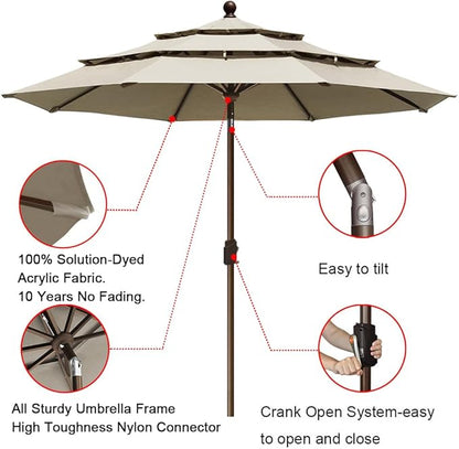 EliteShade USA 10-Year-Non-Fading 9Ft 3 Tiers Market Umbrella Patio Umbrella Outdoor Table Umbrella with Ventilation, Antique Beige