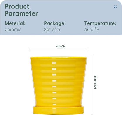 Ton Sin Plant Pots, 6 Inch Flower Pots for Plants,Ceramic Planter with Drainage Holes,Indoor Planter Pots with Saucer,Outdoor Garden Pots (Yellow, 4 Pack)